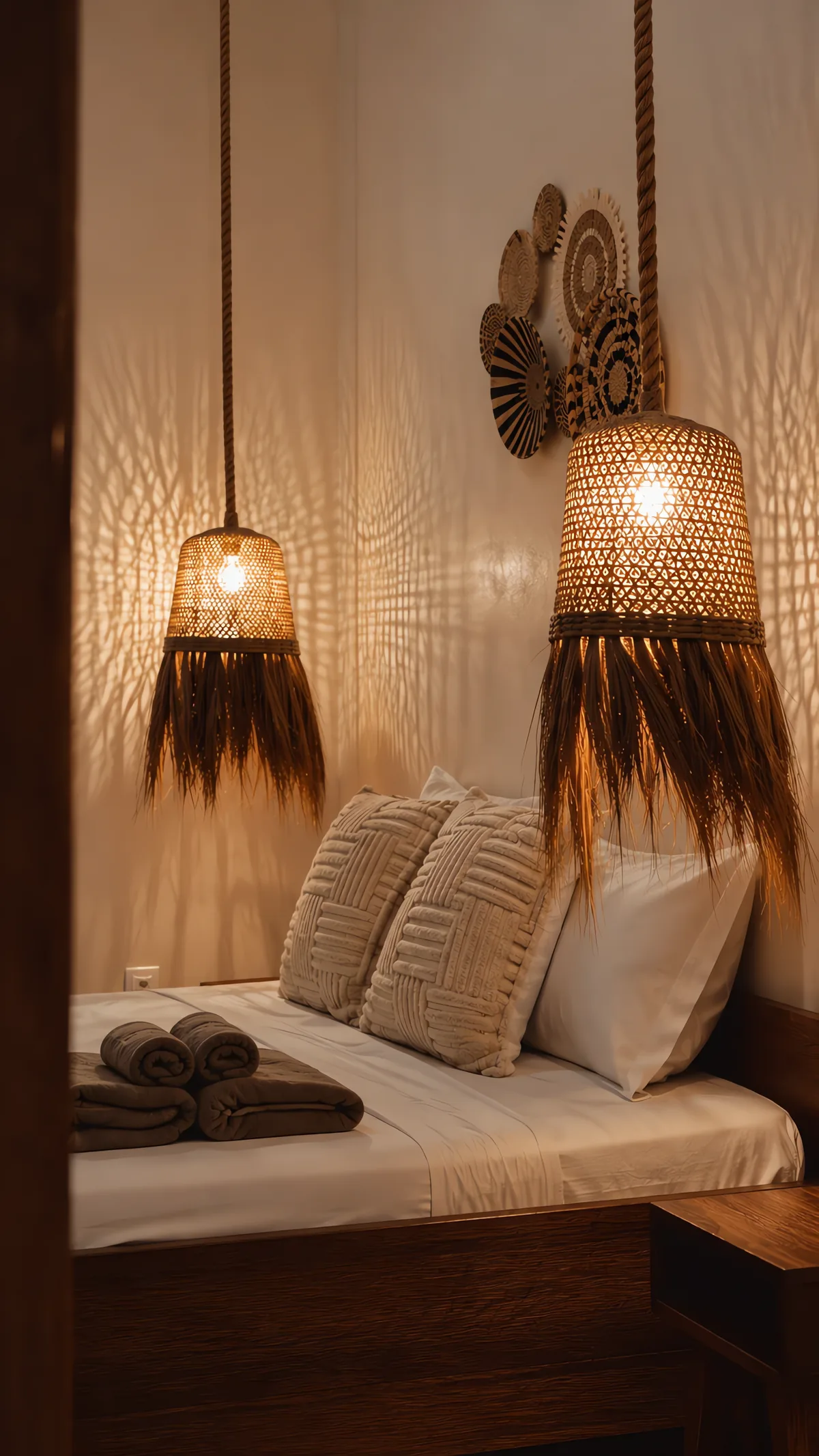 A Cocohut bedroom with woven pendant lamps and soft cushions