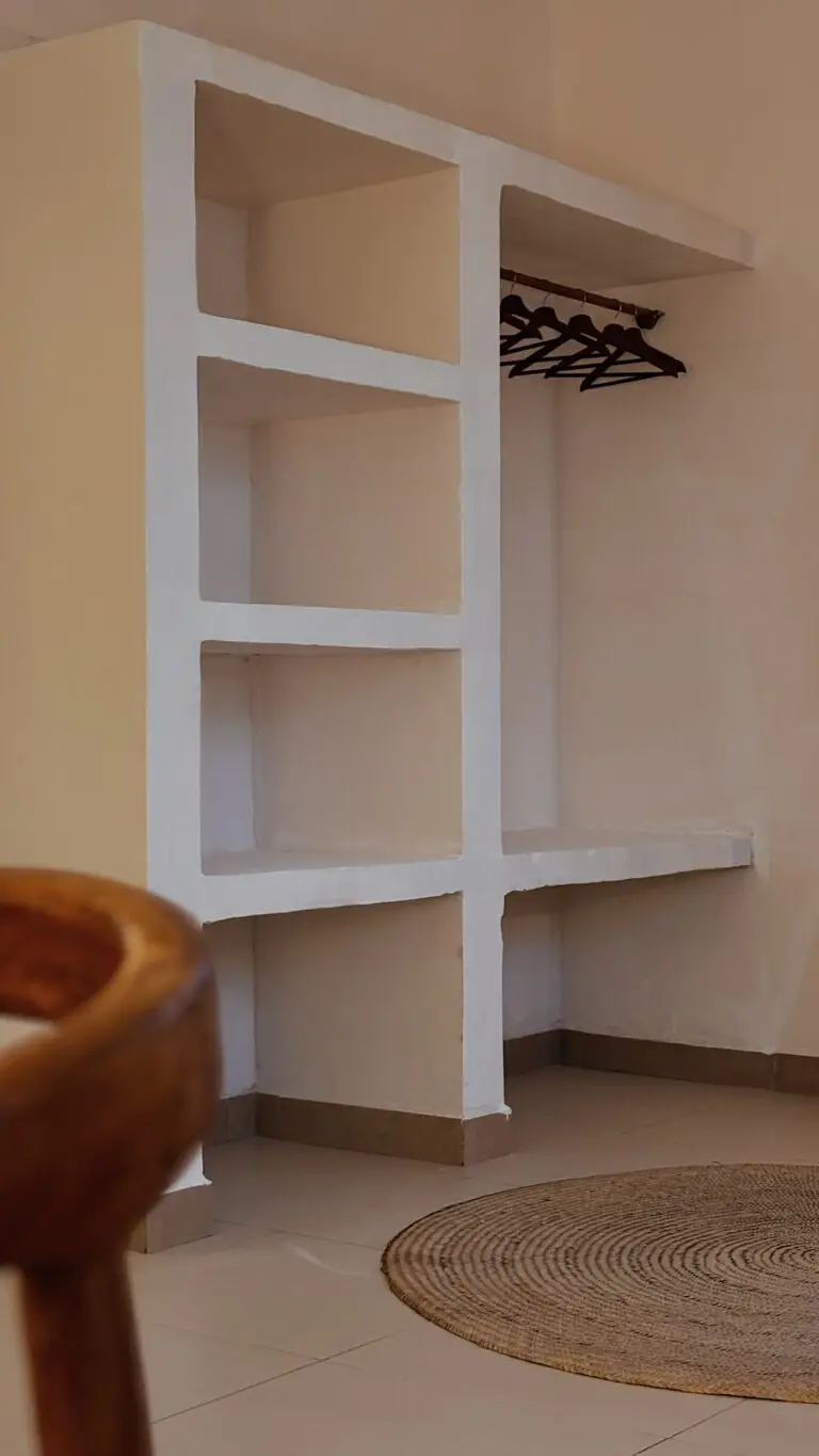 Open wardrobe with shelves and hangers